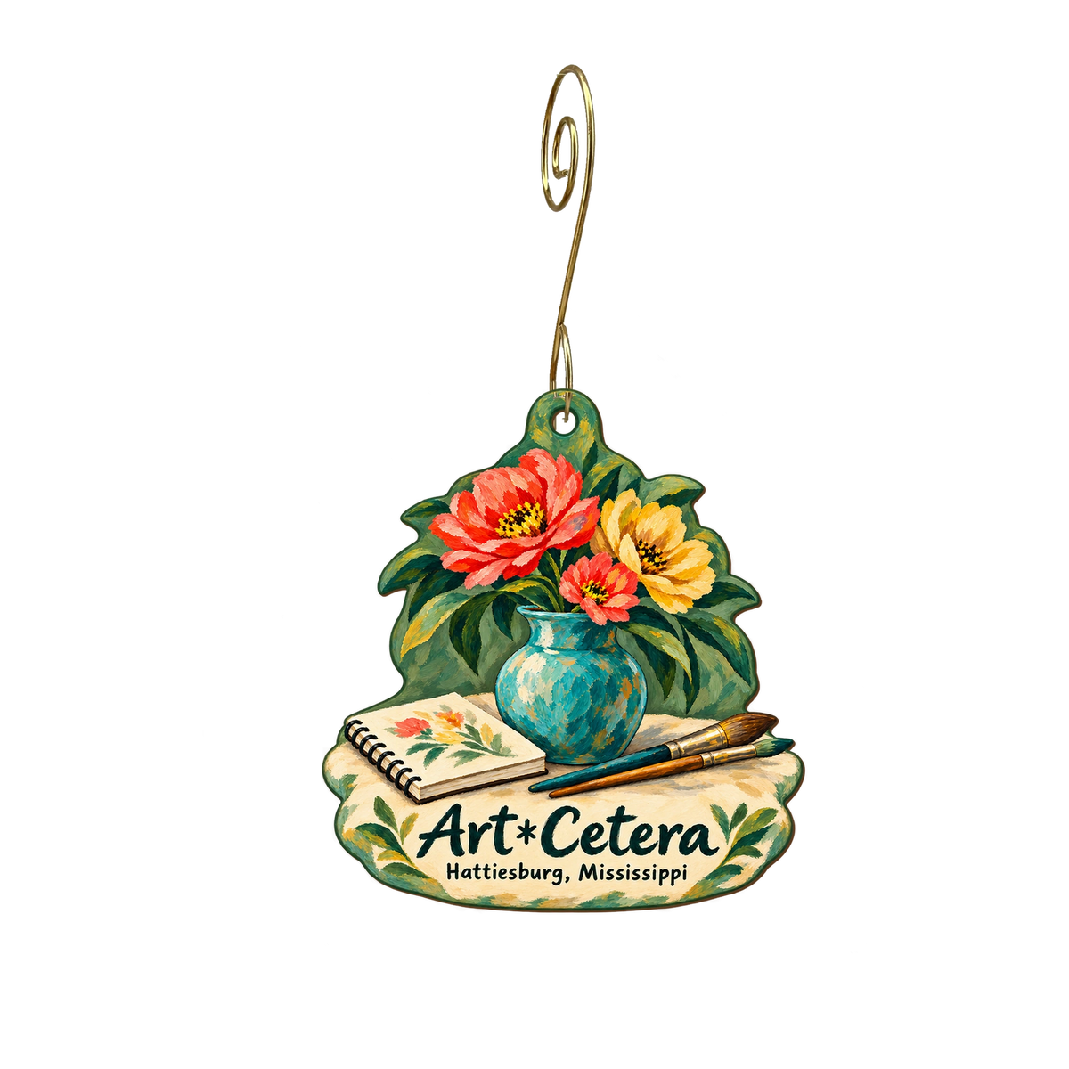 Art*Cetera — Store identity custom wood ornament OC2039, photographic gold spiral hook
