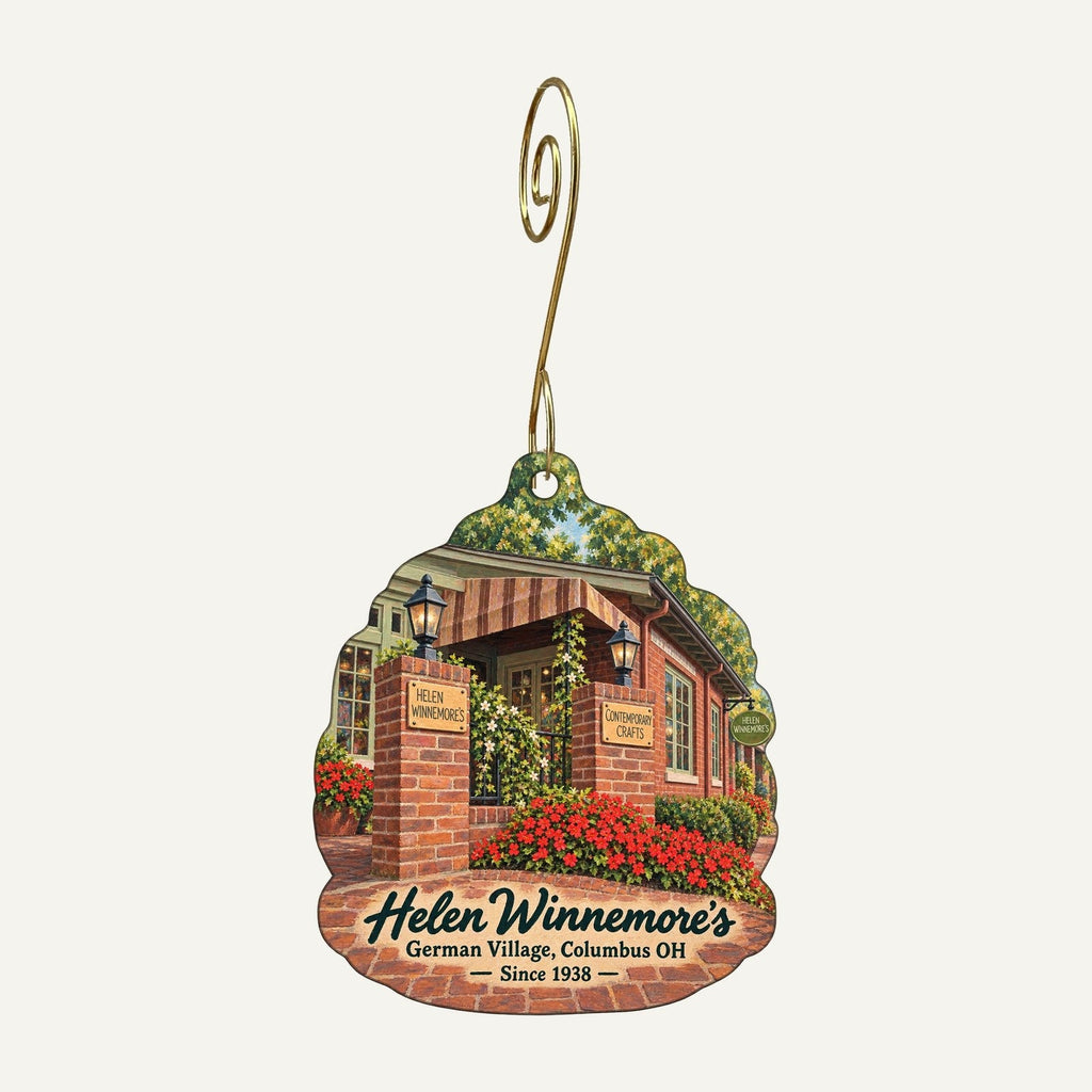 Helen Winnemore's Logo custom wood ornament OC203 hanging on hook