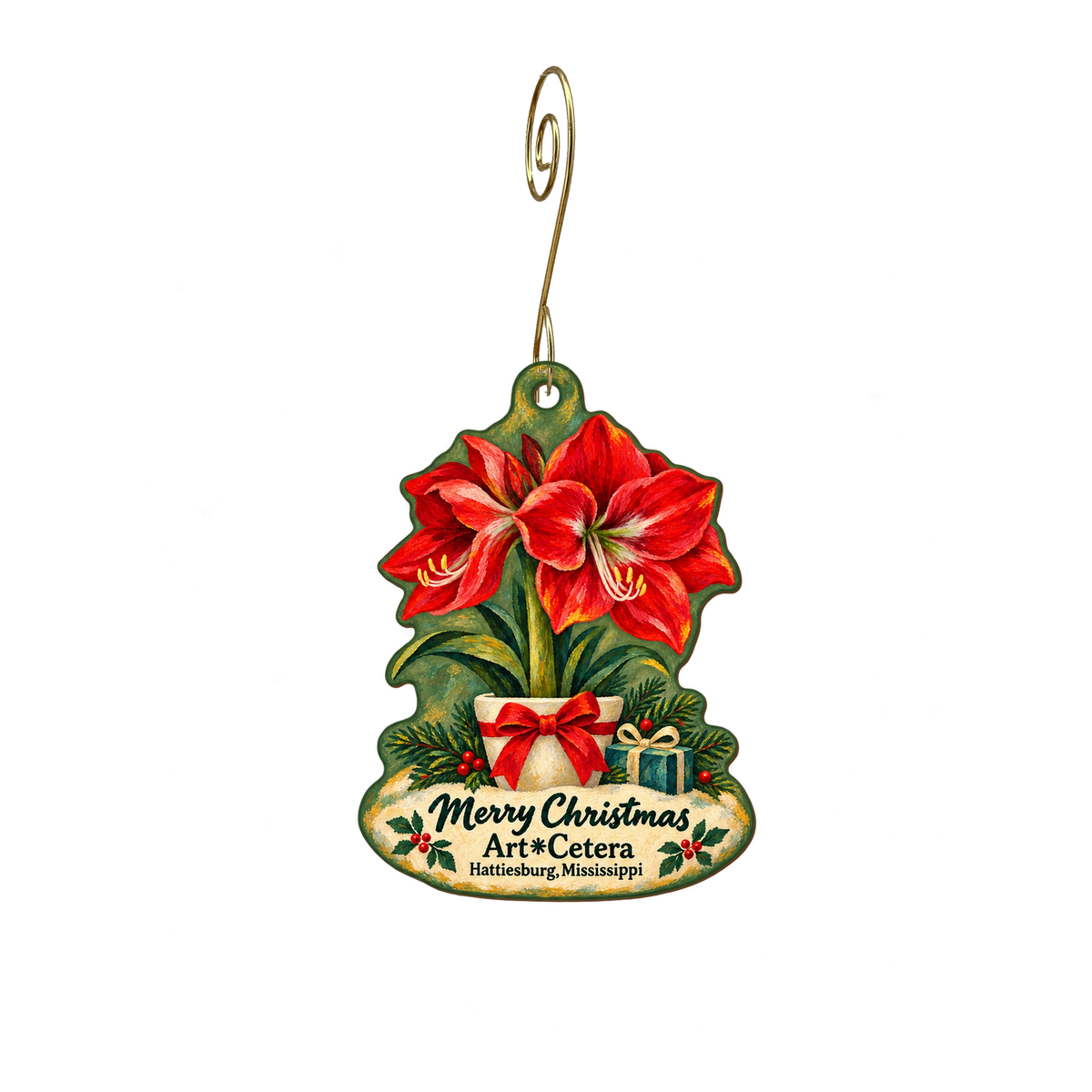 Art*Cetera — Christmas custom wood ornament OC2040, photographic gold spiral hook