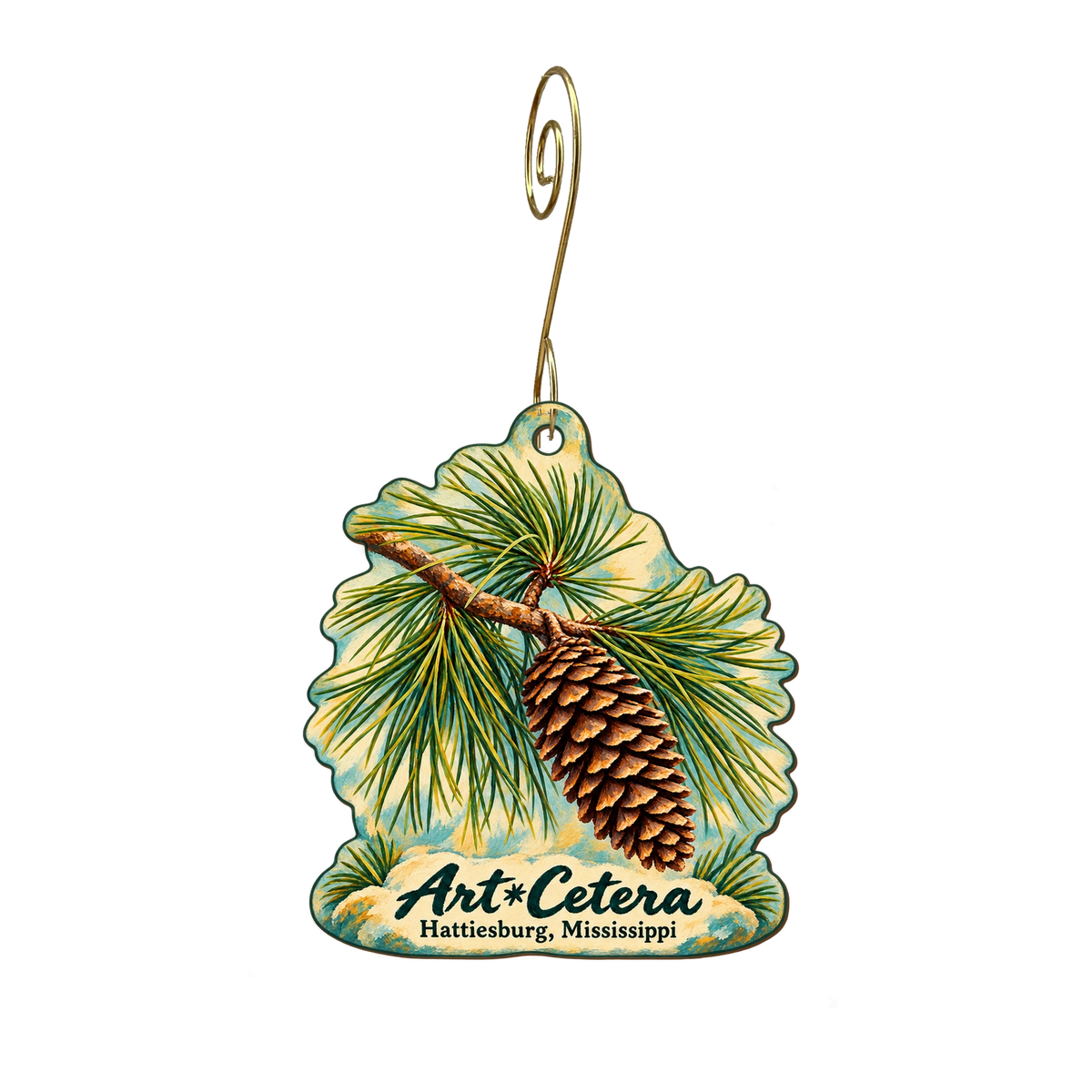 Art*Cetera — Local inspiration custom wood ornament OC2041, photographic gold spiral hook