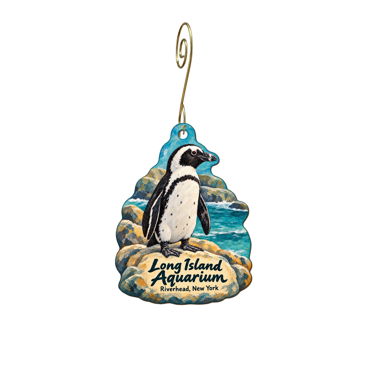 Long Island Aquarium — Store identity custom wood ornament OC2042, photographic gold spiral hook
