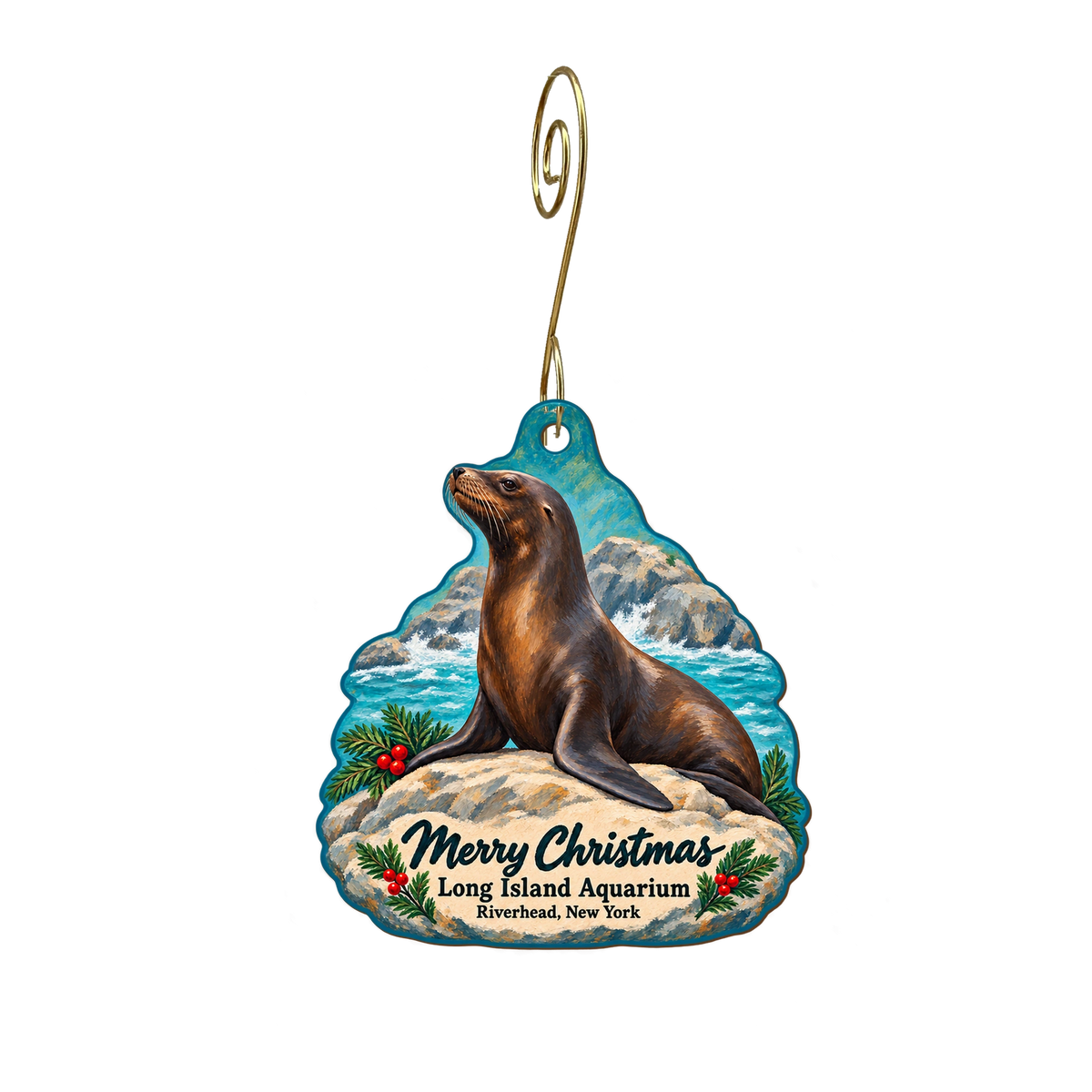 Long Island Aquarium — Christmas custom wood ornament OC2043, photographic gold spiral hook