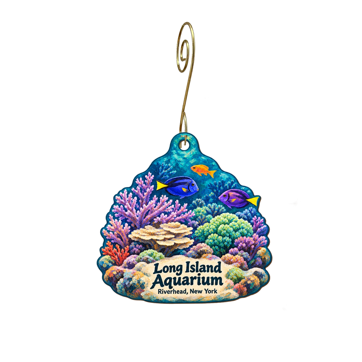 Long Island Aquarium — Local inspiration custom wood ornament OC2044, photographic gold spiral hook