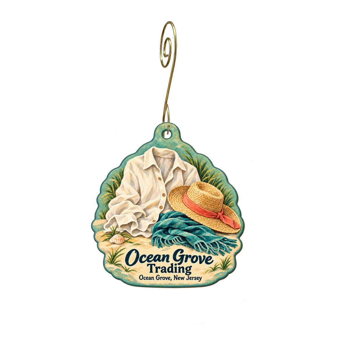 Ocean Grove Trading — Store identity custom wood ornament OC2045, photographic gold spiral hook