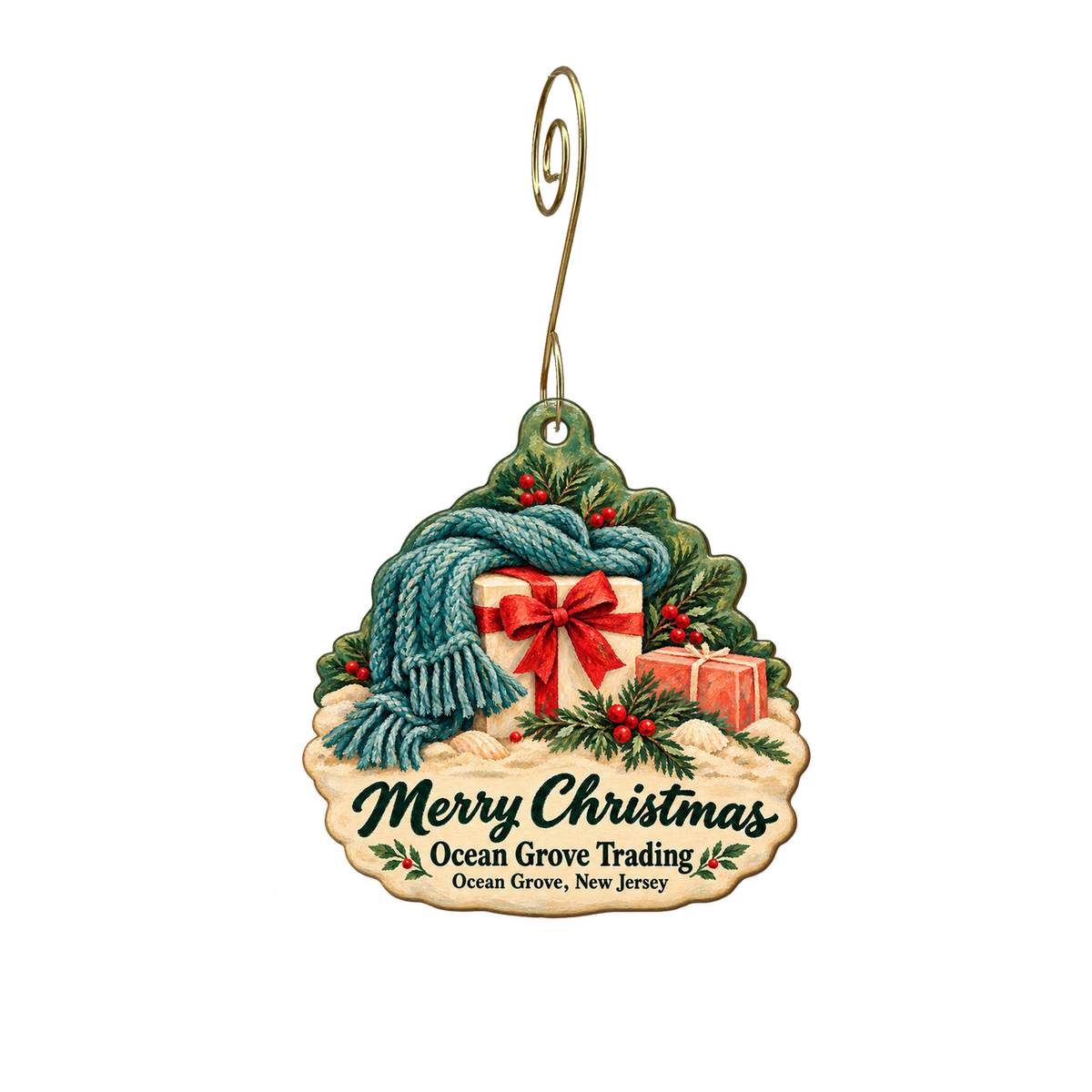 Ocean Grove Trading — Christmas custom wood ornament OC2046, photographic gold spiral hook
