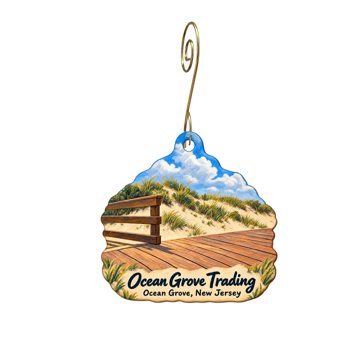 Ocean Grove Trading — Local inspiration custom wood ornament OC2047, photographic gold spiral hook