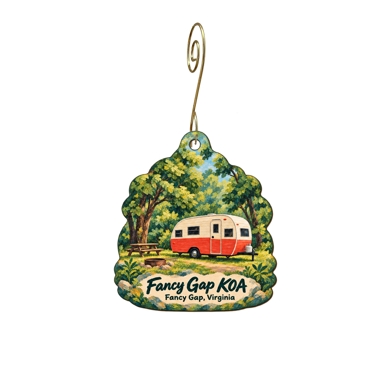 Fancy Gap / Blue Ridge Parkway — Store identity custom wood ornament OC2048, photographic gold spiral hook