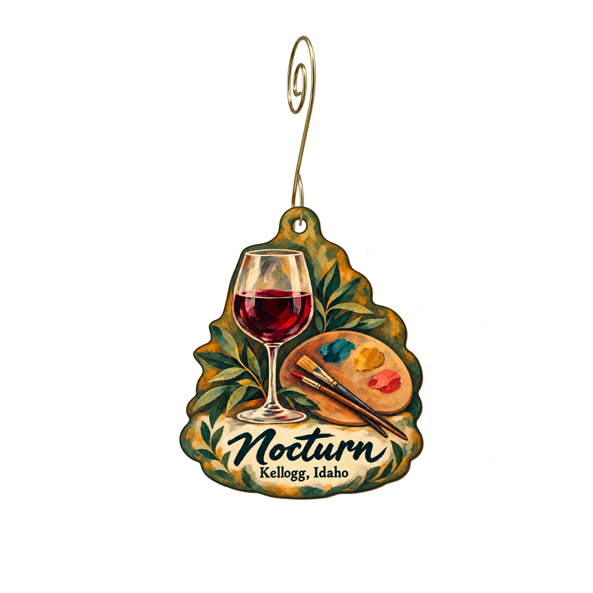 Nocturn — Store identity custom wood ornament OC2051, photographic gold spiral hook