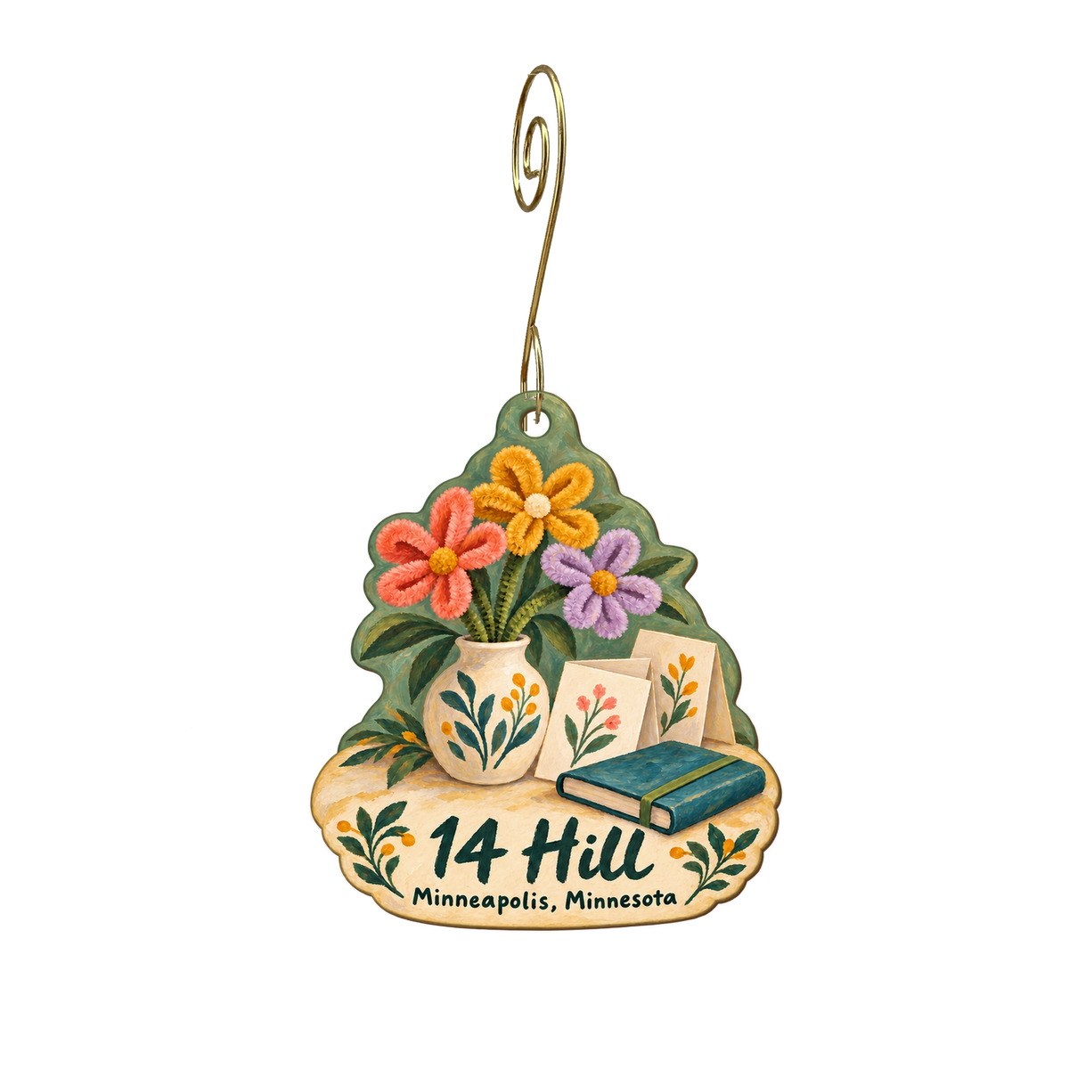 14 Hill — Store identity custom wood ornament OC2054, photographic gold spiral hook