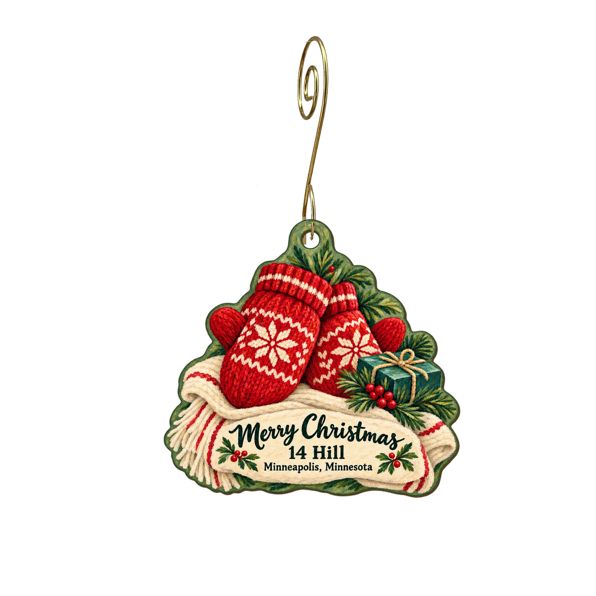 14 Hill — Christmas custom wood ornament OC2055, photographic gold spiral hook