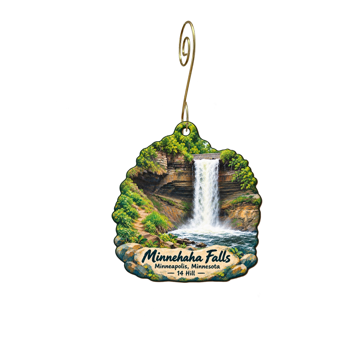 14 Hill — Local inspiration custom wood ornament OC2056, photographic gold spiral hook