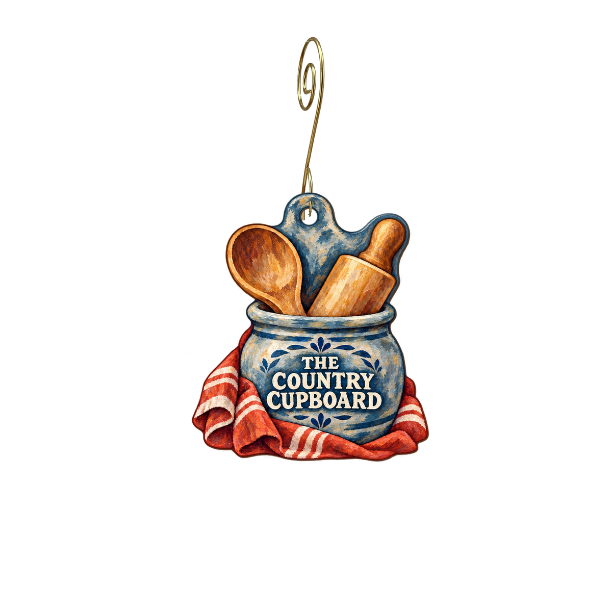 The Country Cupboard — Store identity custom wood ornament OC2057, photographic gold spiral hook
