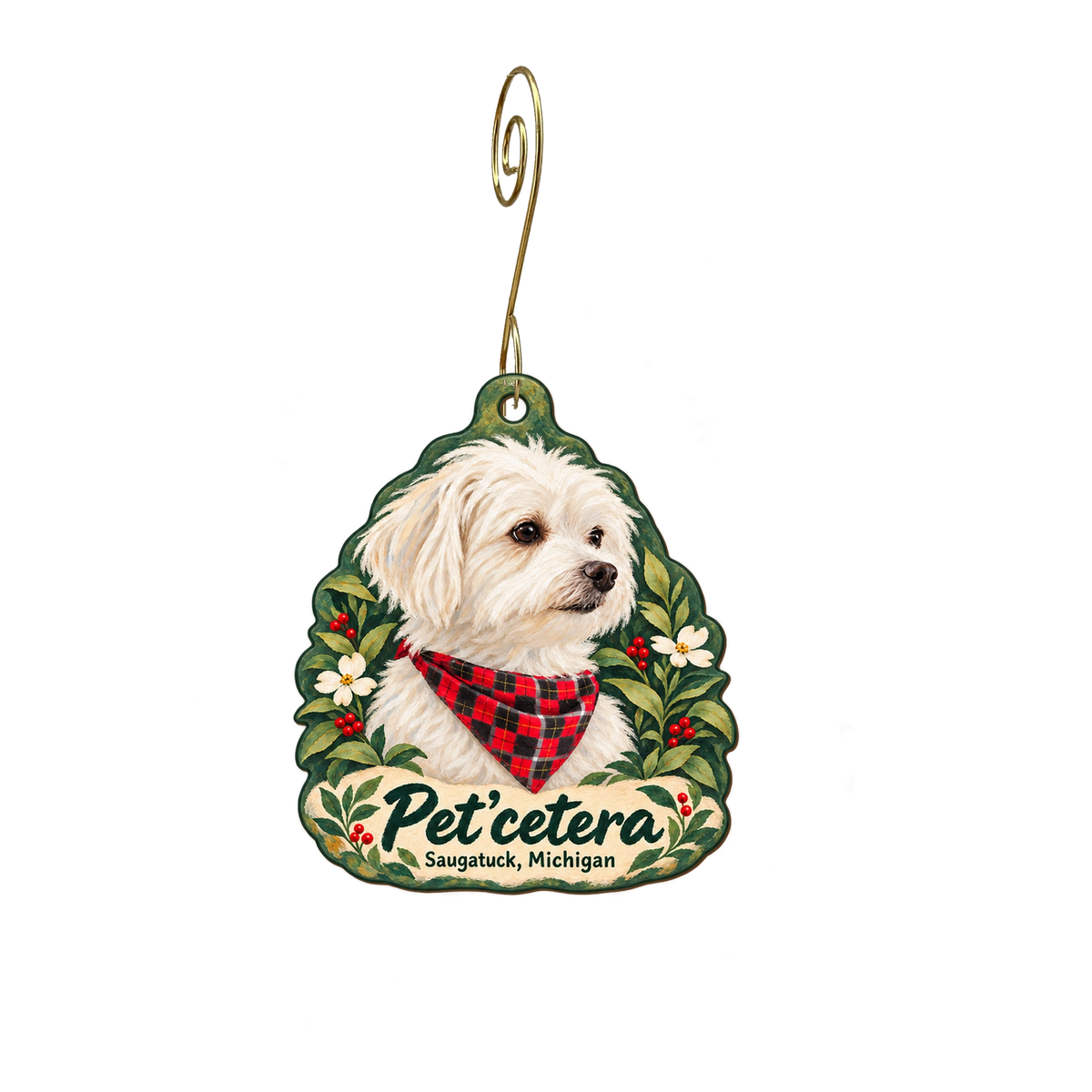 Petcetera — Store identity custom wood ornament OC2060, photographic gold spiral hook