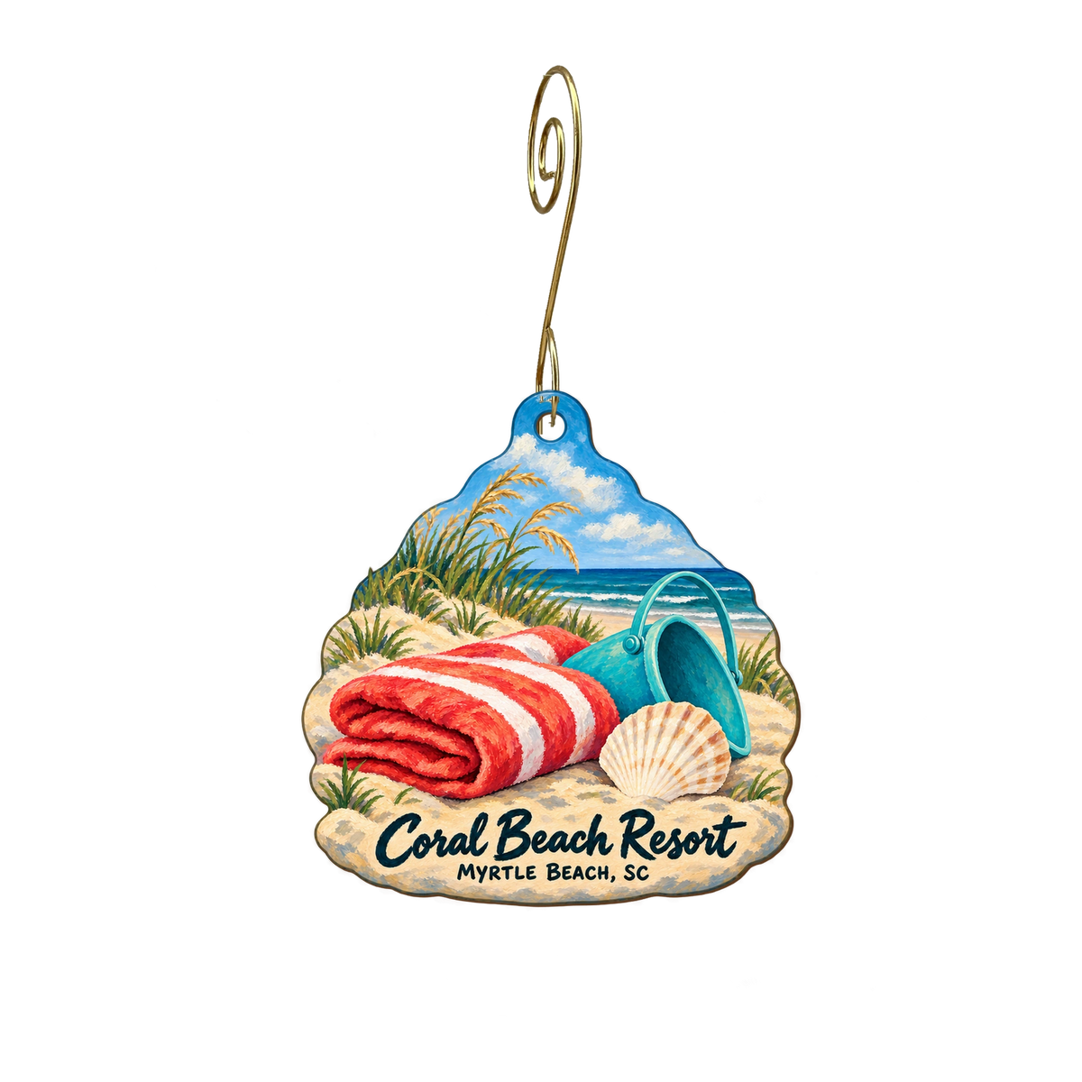 Coral Beach Resort — Store identity custom wood ornament OC2063, photographic gold spiral hook