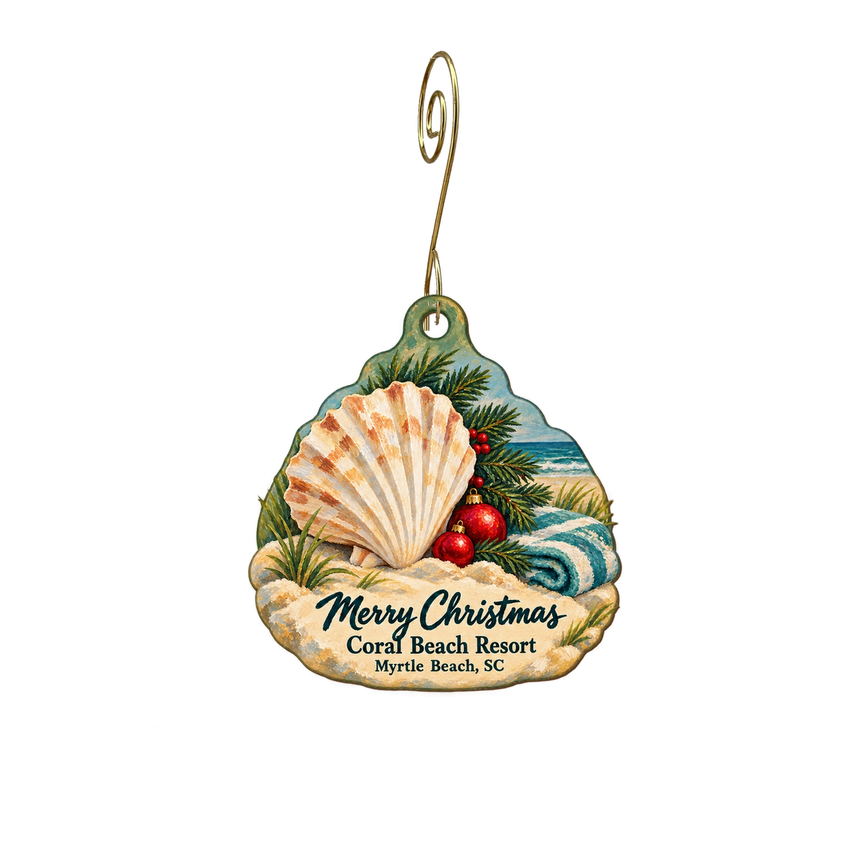 Coral Beach Resort — Christmas custom wood ornament OC2064, photographic gold spiral hook