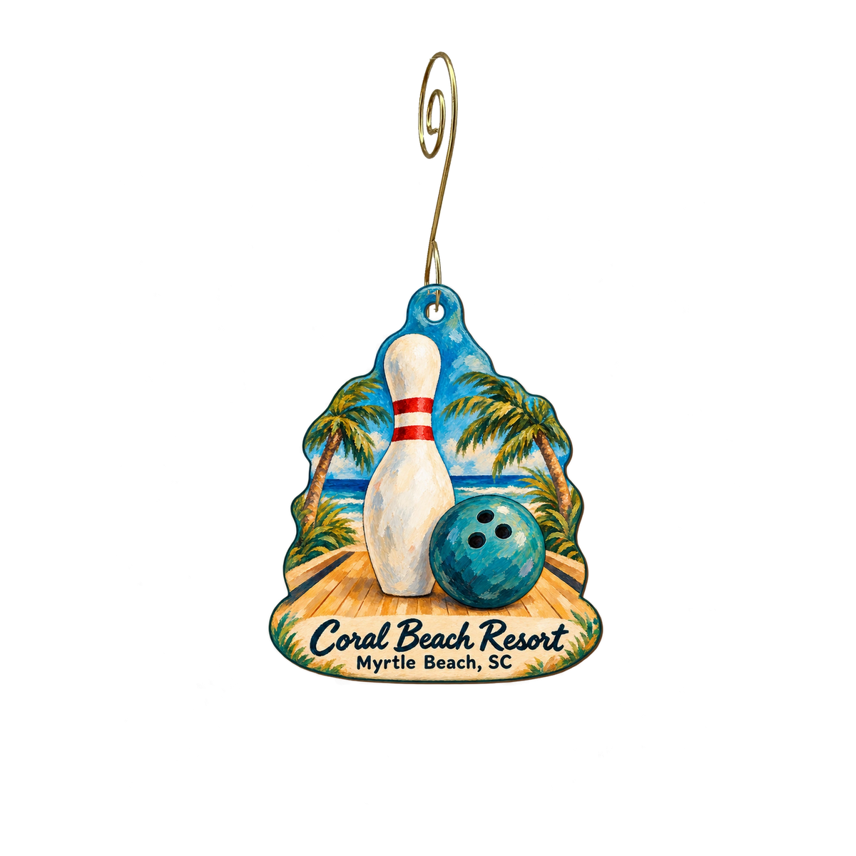 Coral Beach Resort — Local inspiration custom wood ornament OC2065, photographic gold spiral hook