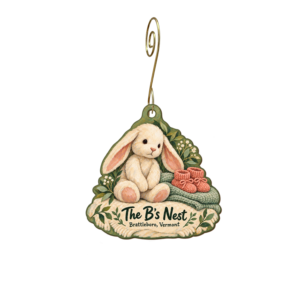 The B's Nest — Store identity custom wood ornament OC2066, photographic gold spiral hook