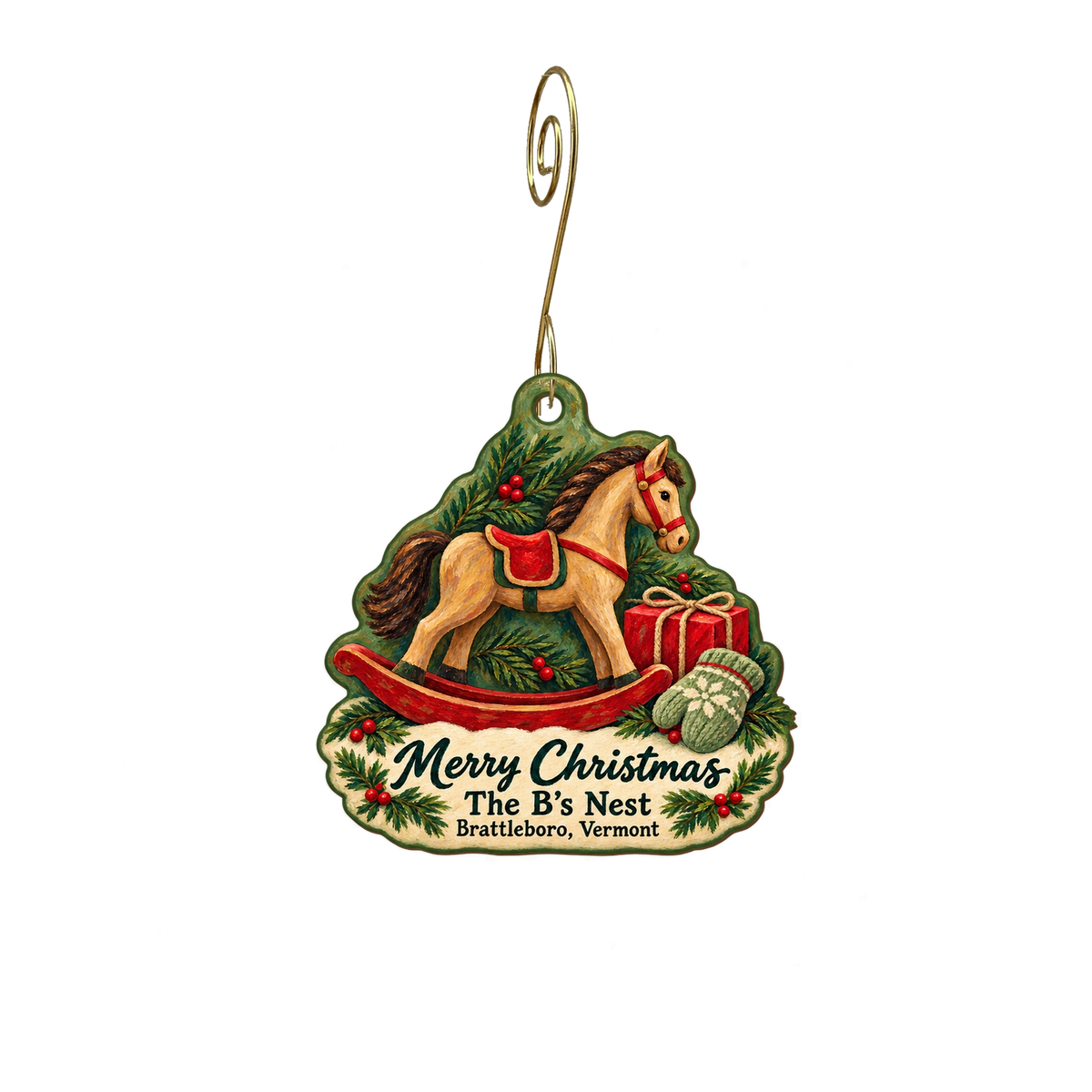 The B's Nest — Christmas custom wood ornament OC2067, photographic gold spiral hook