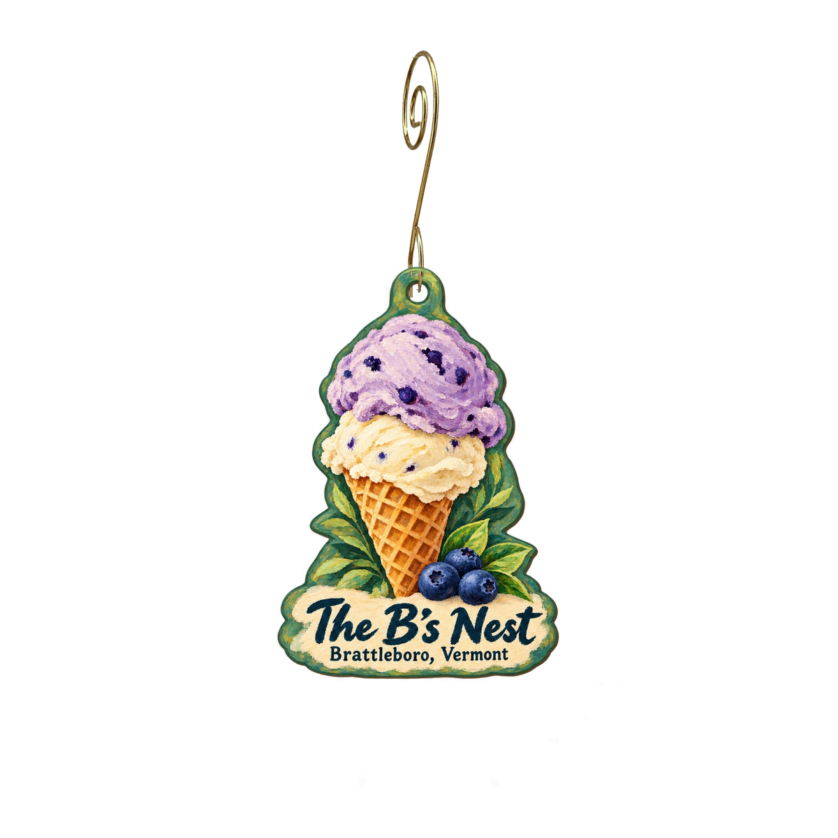 The B's Nest — Local inspiration custom wood ornament OC2068, photographic gold spiral hook