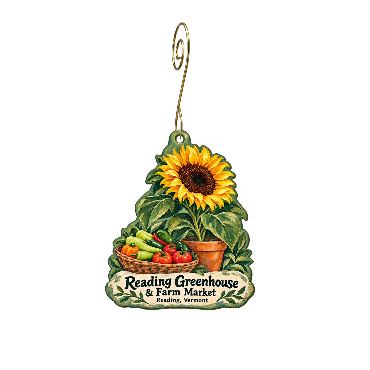 Reading Greenhouse & Farm Market — Store identity custom wood ornament OC2069, photographic gold spiral hook