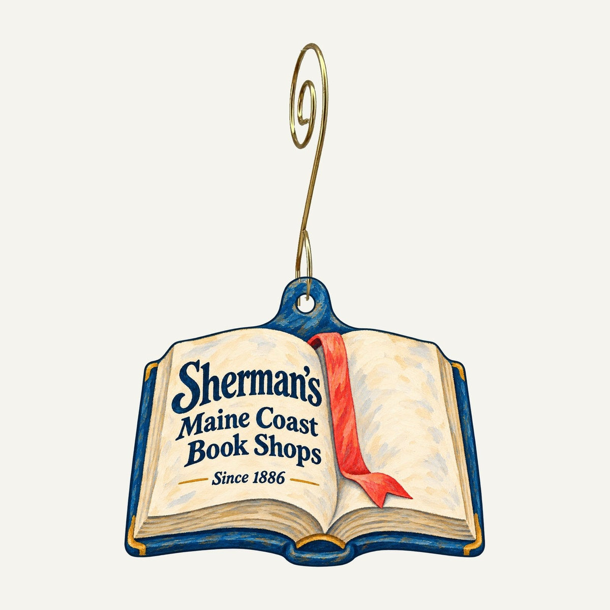 Sherman's Maine Coast Book Shops Logo custom wood ornament OC206 hanging on hook