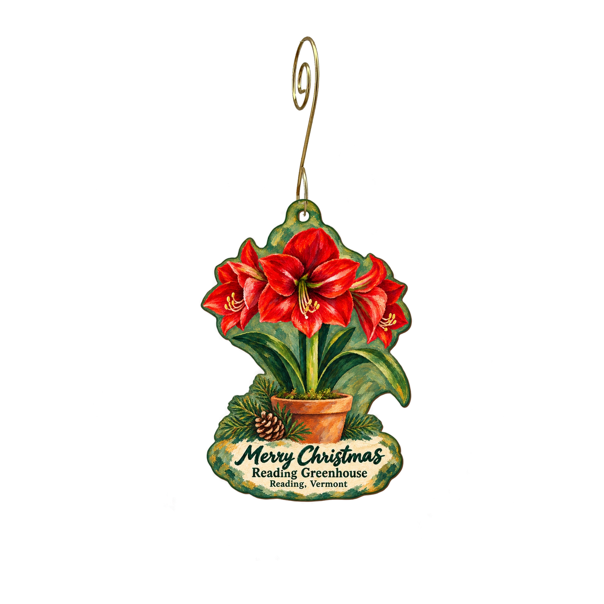 Reading Greenhouse & Farm Market — Christmas custom wood ornament OC2070, photographic gold spiral hook