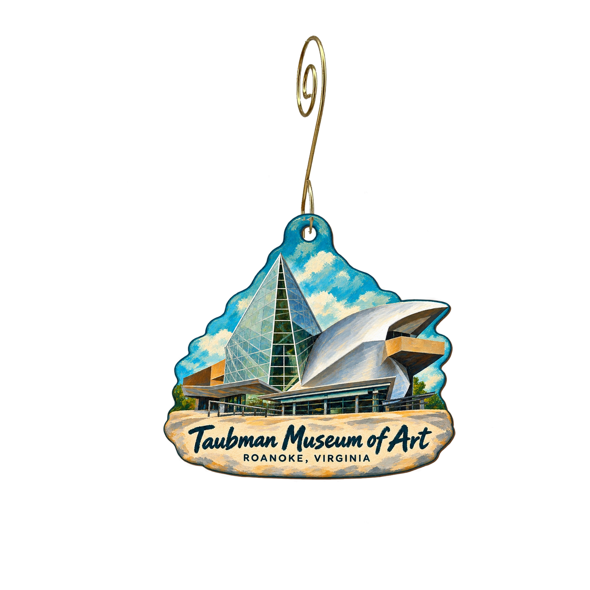 Taubman Museum of Art — Store identity custom wood ornament OC2072, photographic gold spiral hook