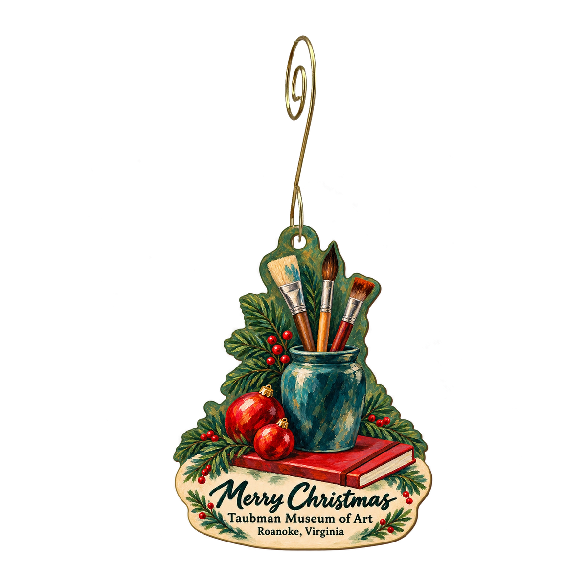 Taubman Museum of Art — Christmas custom wood ornament OC2073, photographic gold spiral hook