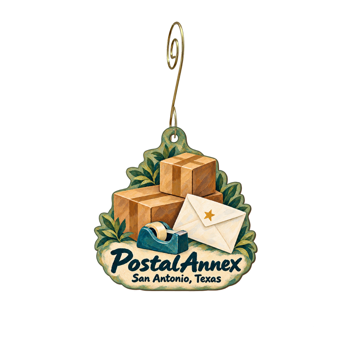 Postal Annex — Store identity custom wood ornament OC2075, photographic gold spiral hook