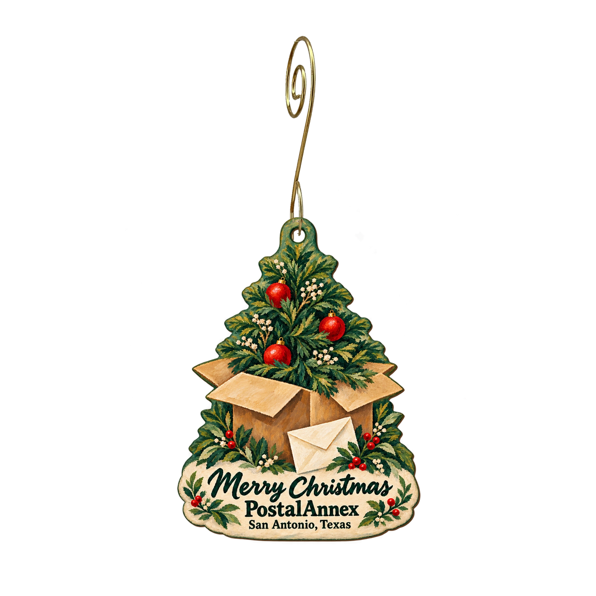 Postal Annex — Christmas custom wood ornament OC2076, photographic gold spiral hook