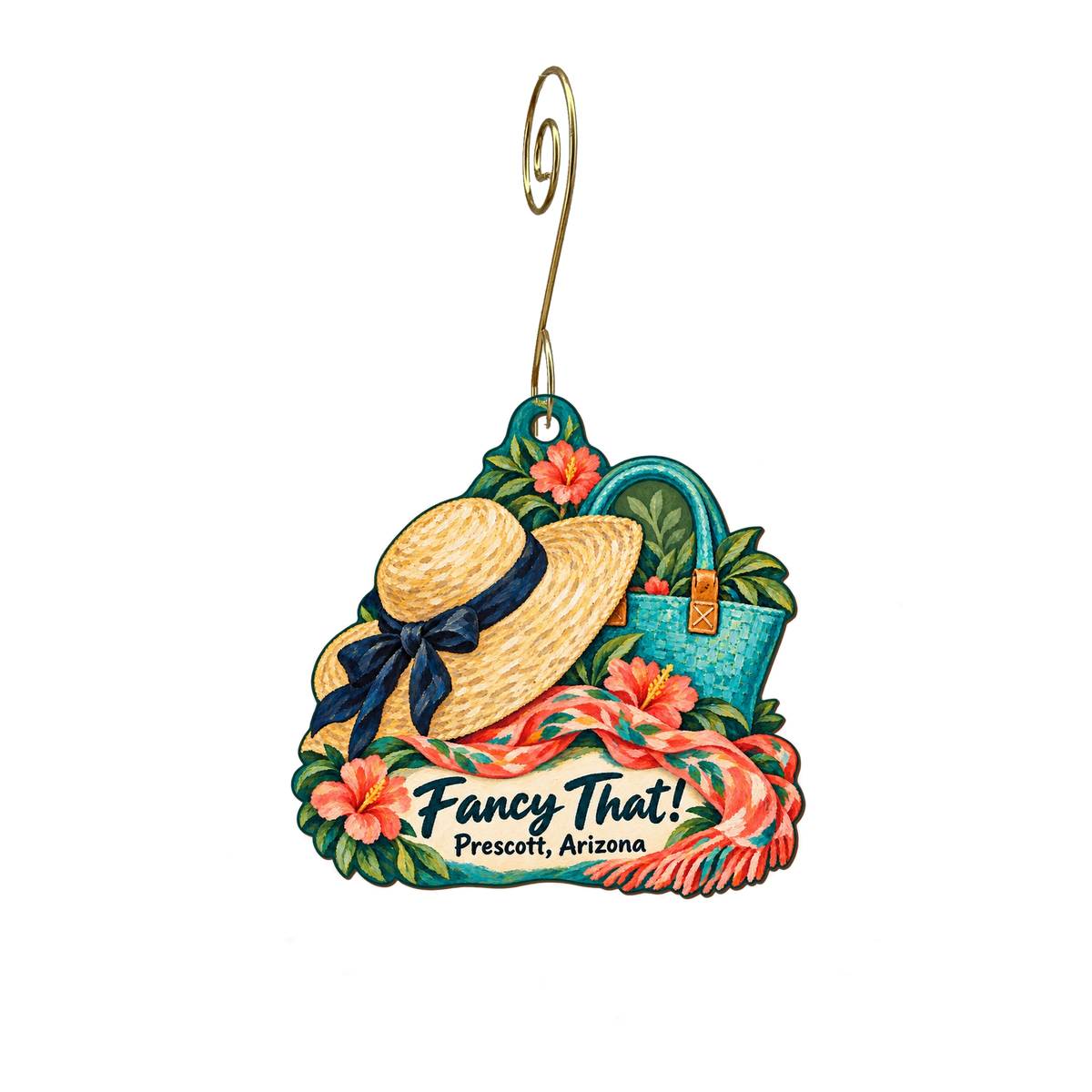 Fancy That! — Store identity custom wood ornament OC2078, photographic gold spiral hook