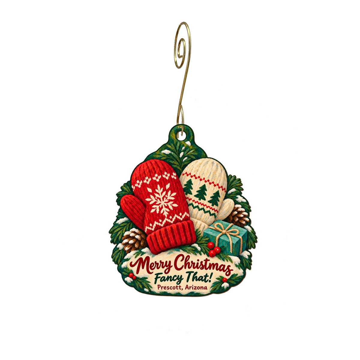 Fancy That! — Christmas custom wood ornament OC2079, photographic gold spiral hook