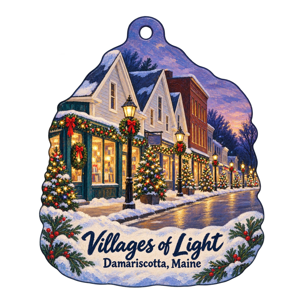 Sherman's Maine Coast Book Shops Christmas custom wood ornament OC207 on white