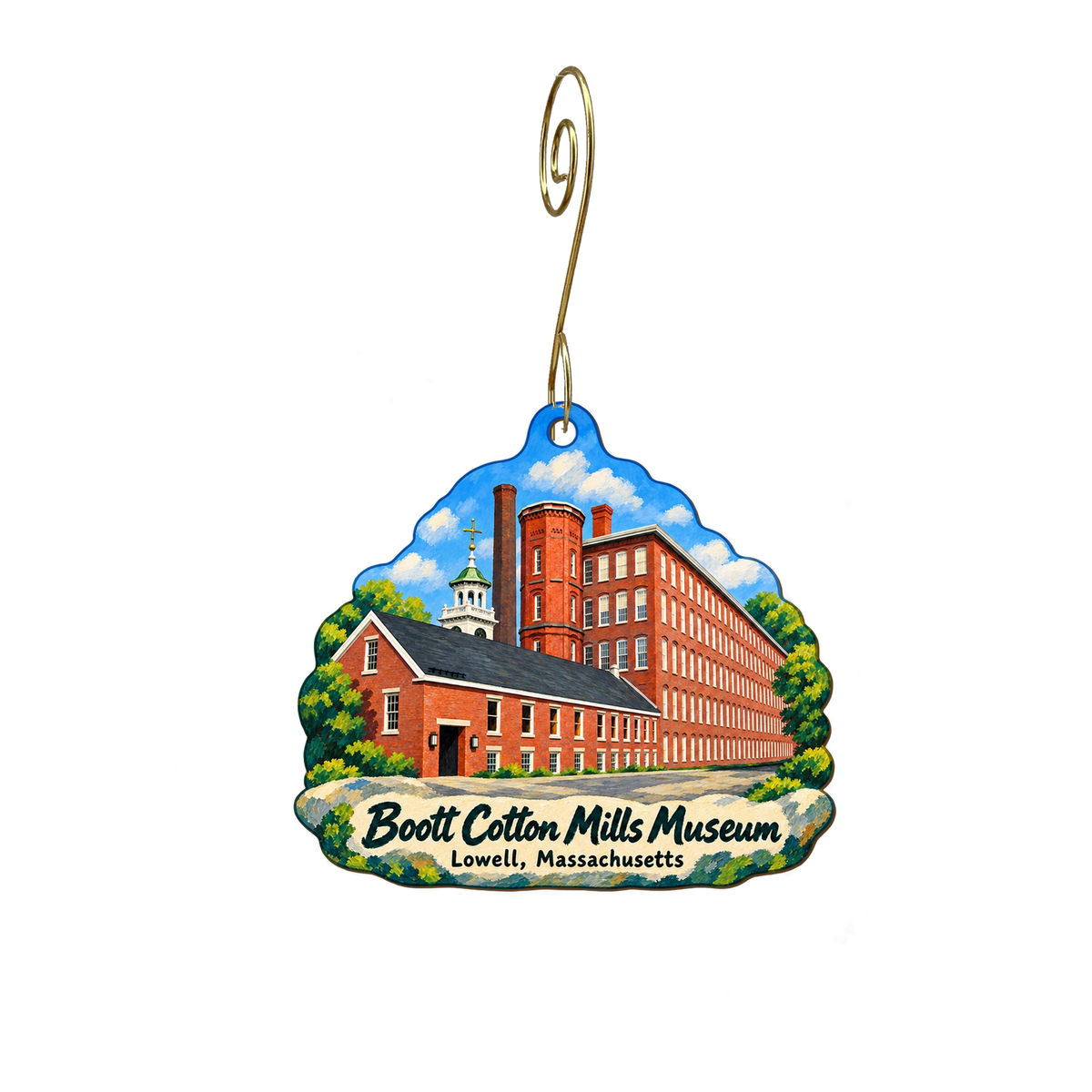 EN Lowell Boott Mill Museum — Store identity custom wood ornament OC2081, photographic gold spiral hook