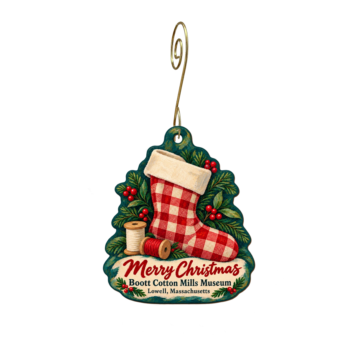 EN Lowell Boott Mill Museum — Christmas custom wood ornament OC2082, photographic gold spiral hook