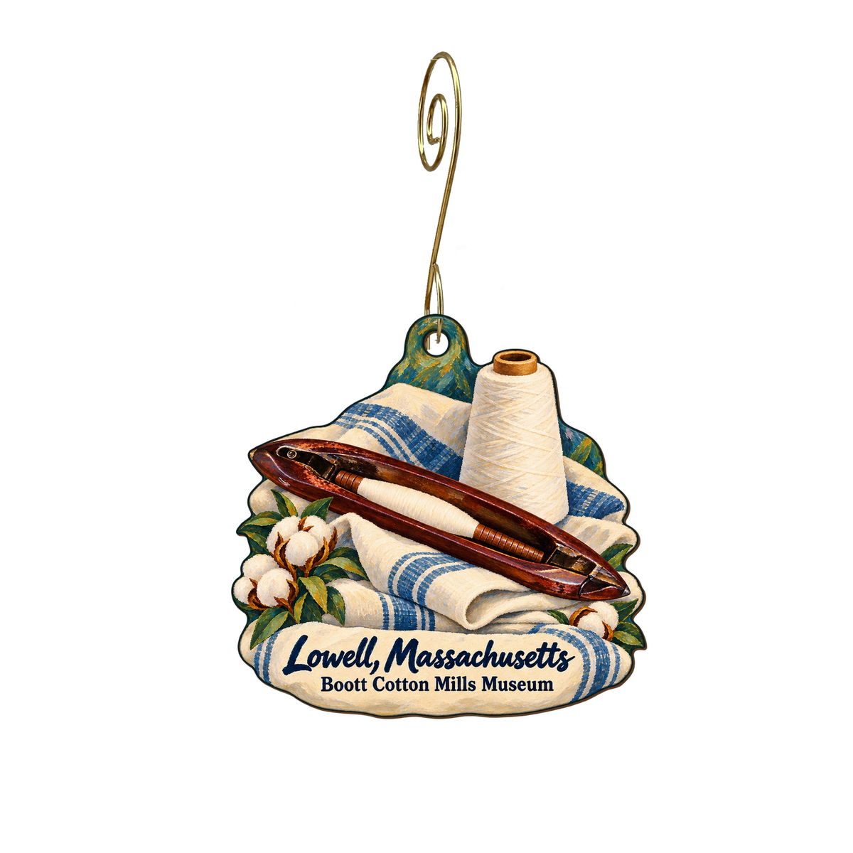 EN Lowell Boott Mill Museum — Local inspiration custom wood ornament OC2083, photographic gold spiral hook