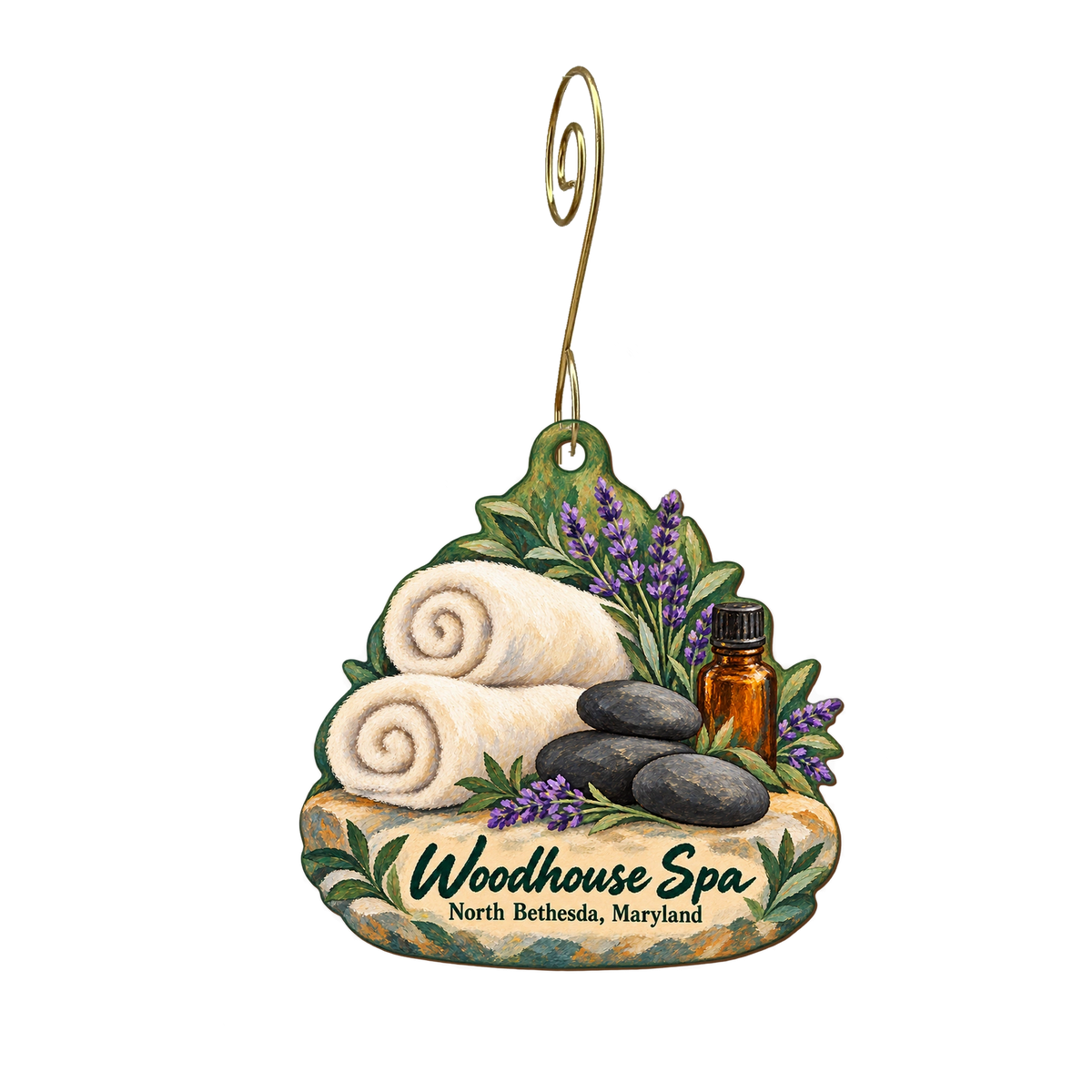 The Woodhouse Day Spa - North Bethesda — Store identity custom wood ornament OC2084, photographic gold spiral hook