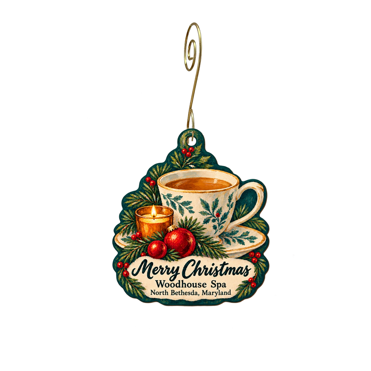 The Woodhouse Day Spa - North Bethesda — Christmas custom wood ornament OC2085, photographic gold spiral hook