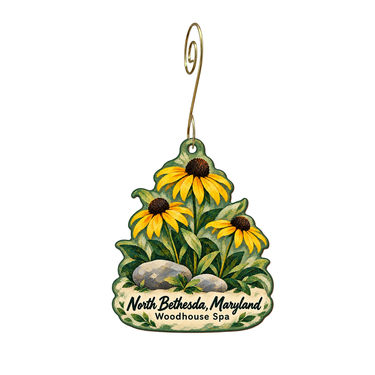 The Woodhouse Day Spa - North Bethesda — Local inspiration custom wood ornament OC2086, photographic gold spiral hook