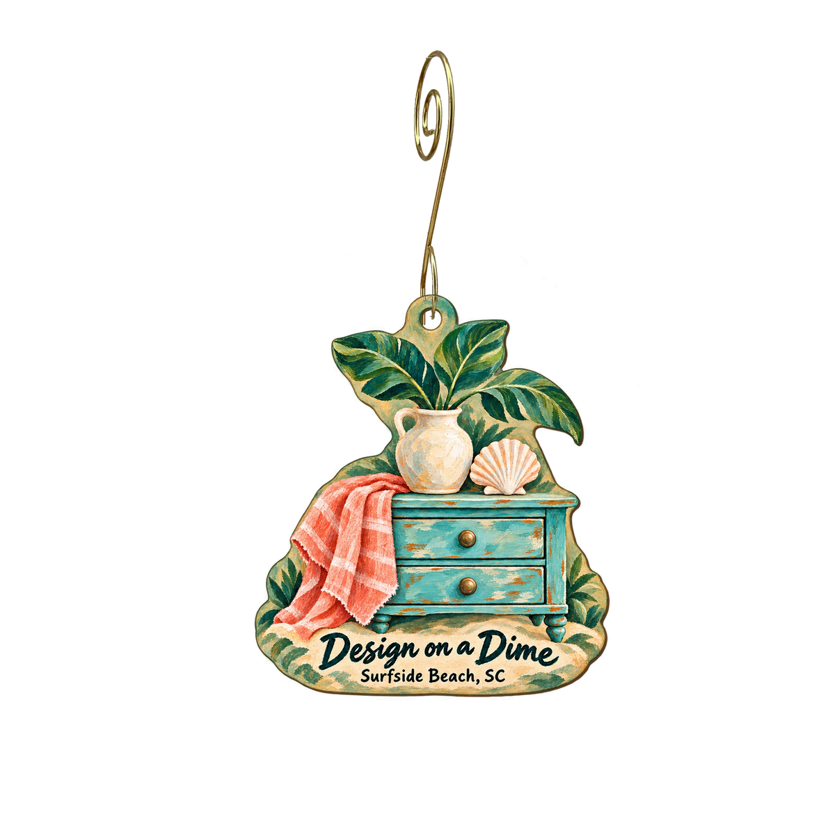 Design on a Dime — Store identity custom wood ornament OC2087, photographic gold spiral hook