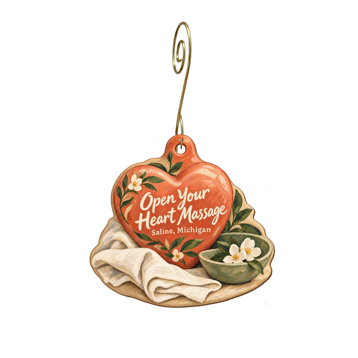 Open Your Heart Massage — Store identity custom wood ornament OC2090, photographic gold spiral hook