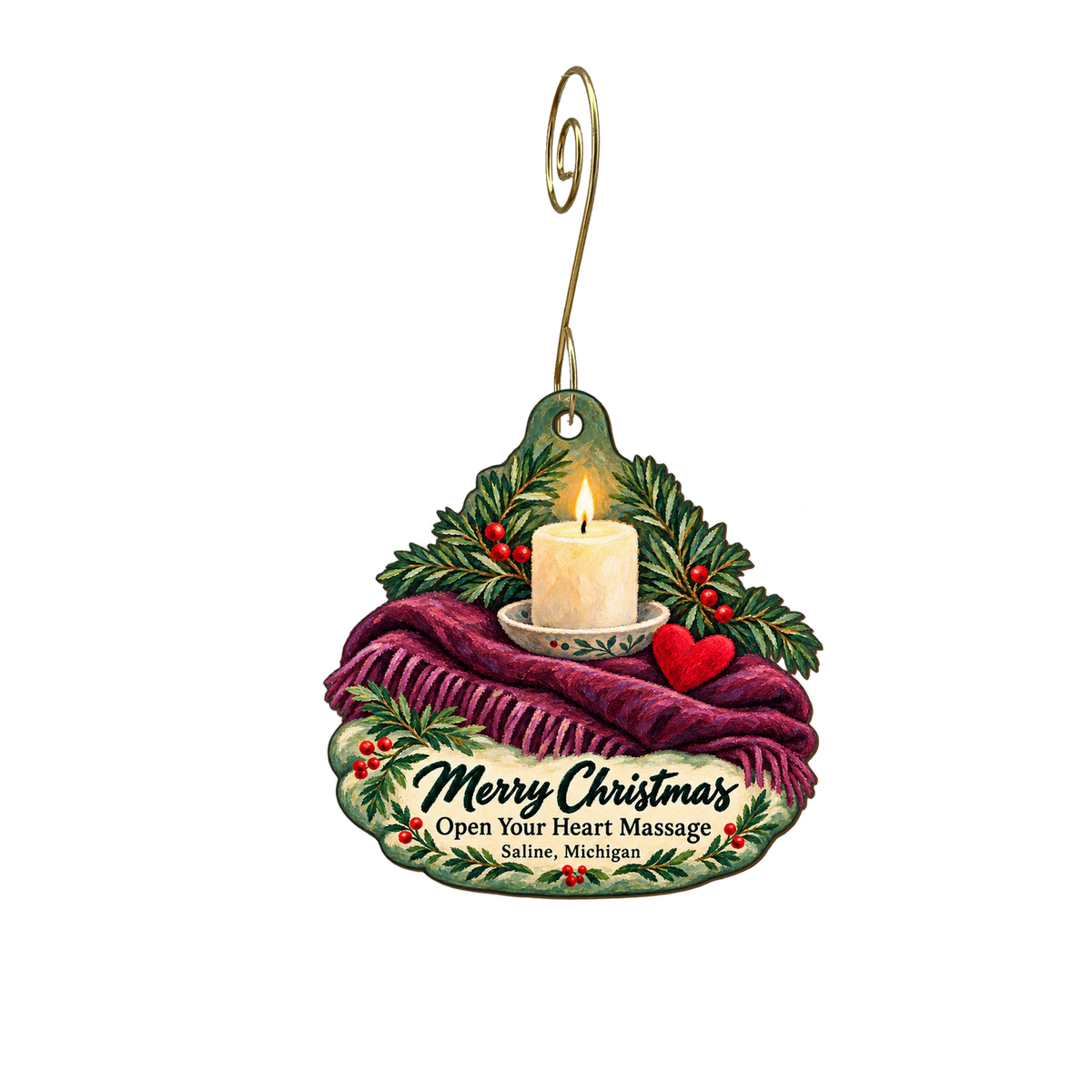 Open Your Heart Massage — Christmas custom wood ornament OC2091, photographic gold spiral hook
