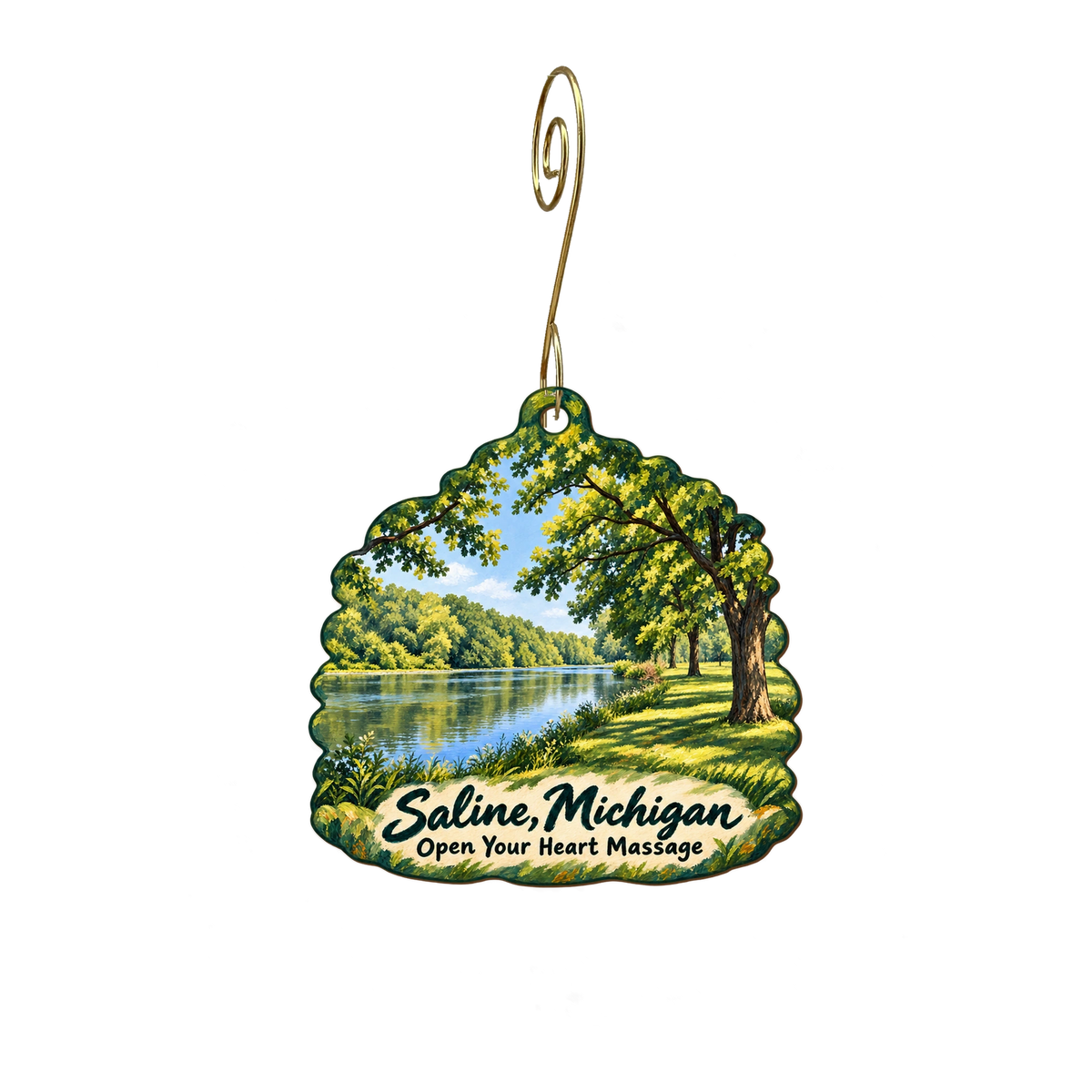 Open Your Heart Massage — Local inspiration custom wood ornament OC2092, photographic gold spiral hook
