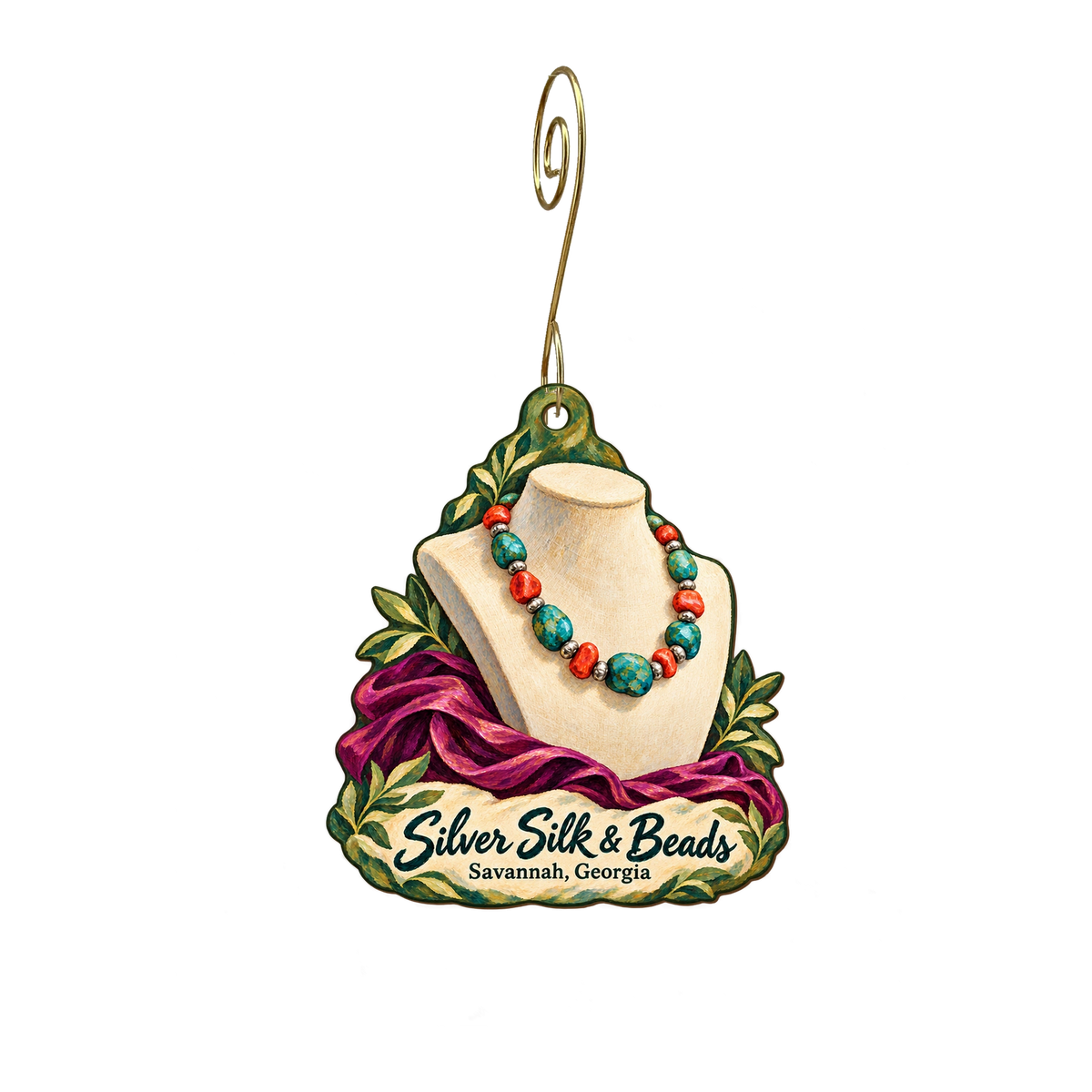 Silver Silk & Beads — Store identity custom wood ornament OC2093, photographic gold spiral hook