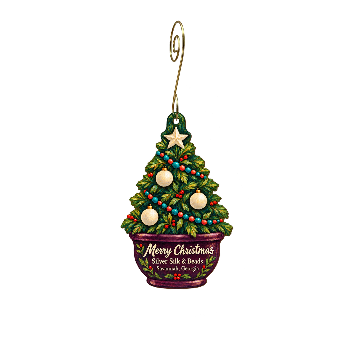 Silver Silk & Beads — Christmas custom wood ornament OC2094, photographic gold spiral hook