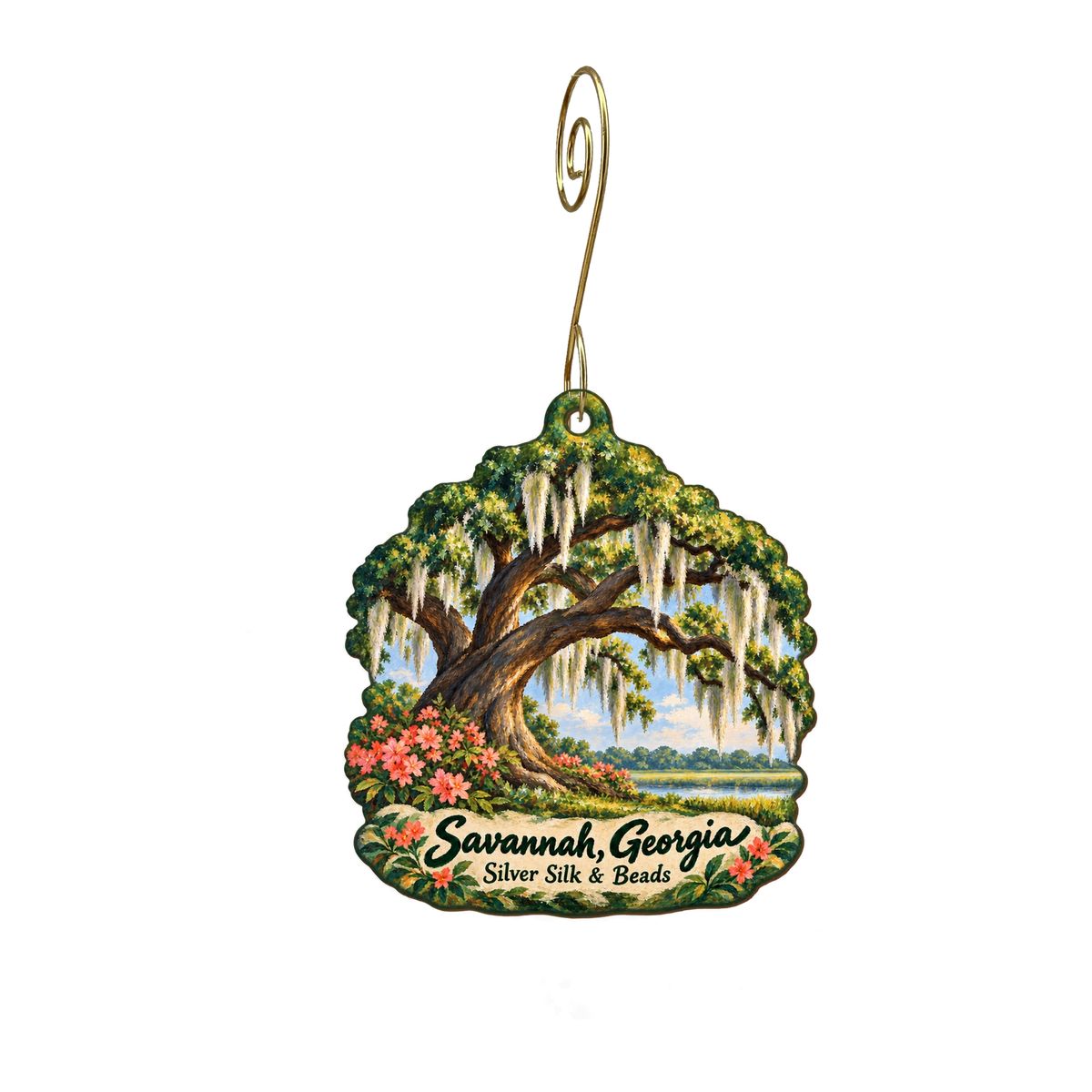 Silver Silk & Beads — Local inspiration custom wood ornament OC2095, photographic gold spiral hook