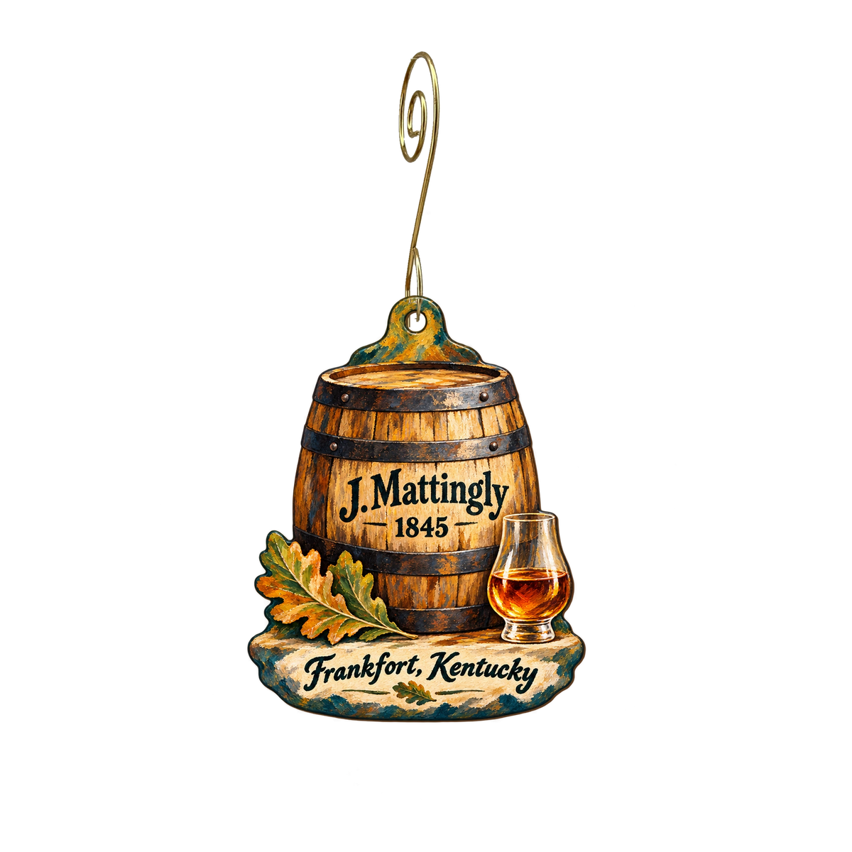 J. Mattingly 1845 Distillery — Store identity custom wood ornament OC2099, photographic gold spiral hook