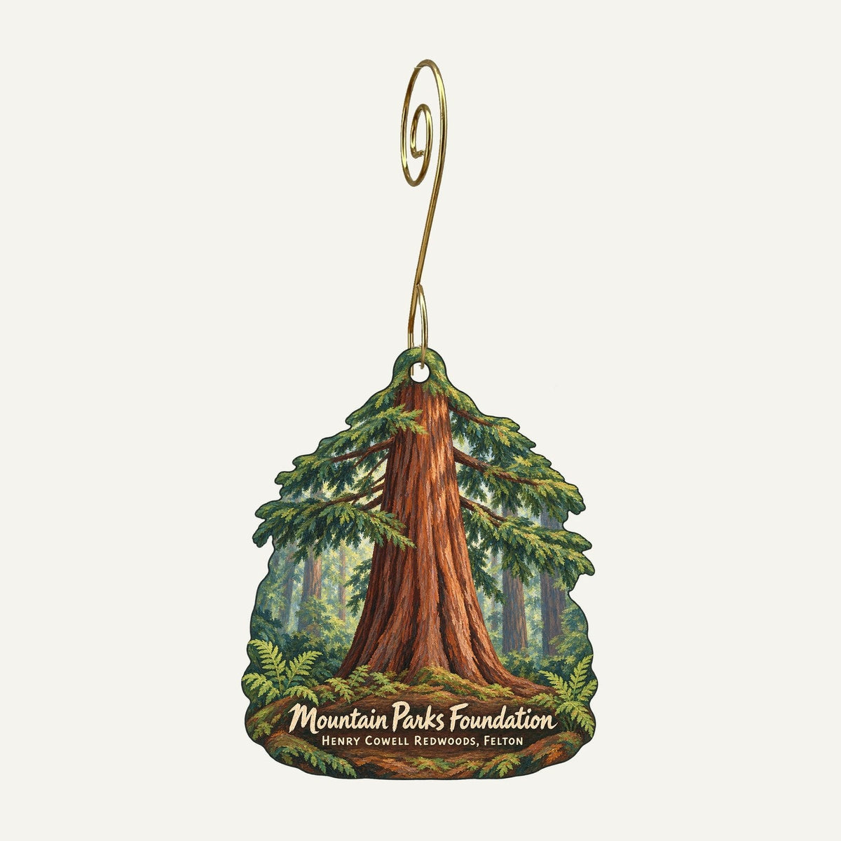 Mountain Parks Foundation Logo custom wood ornament OC209 hanging on hook