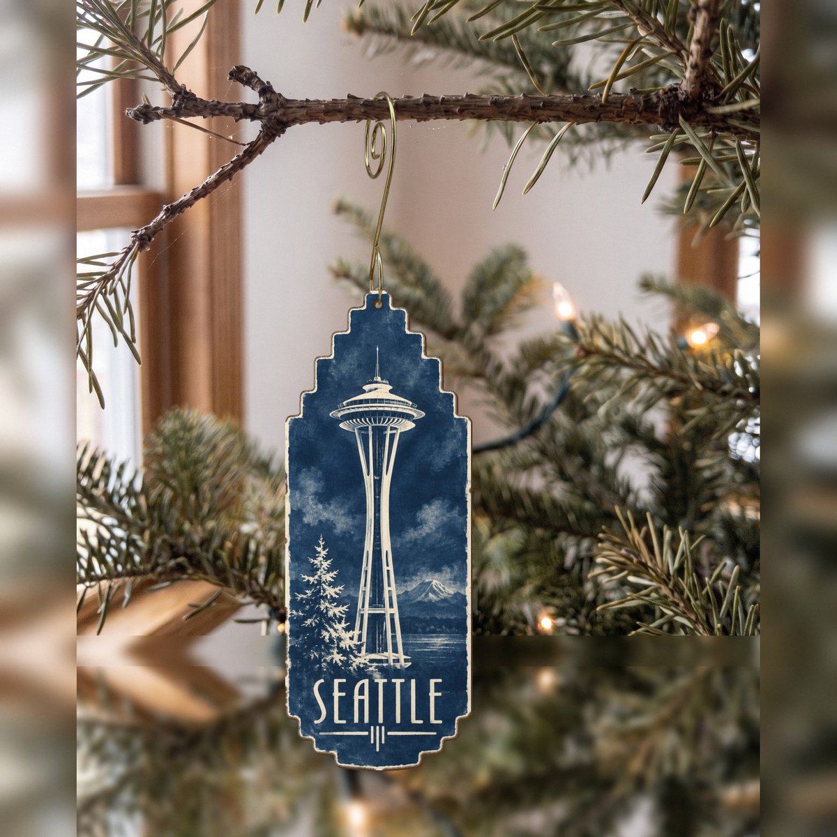 WA Seattle Cyanotype-Inspired Custom Wood Ornament (OC20)