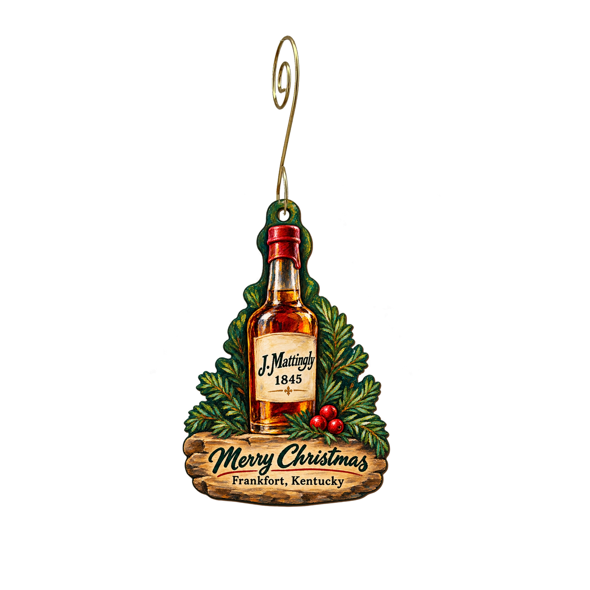 J. Mattingly 1845 Distillery — Christmas custom wood ornament OC2100, photographic gold spiral hook